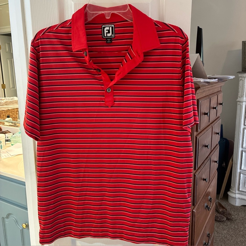 FJ Footjoy Men's Red Striped Polo Athletic Fit Golf Shirt SZ M